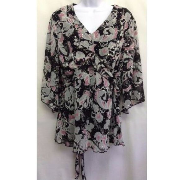 Women's Sequin Floral V Neck Tunic Blouse 1X - Picture 1 of 5